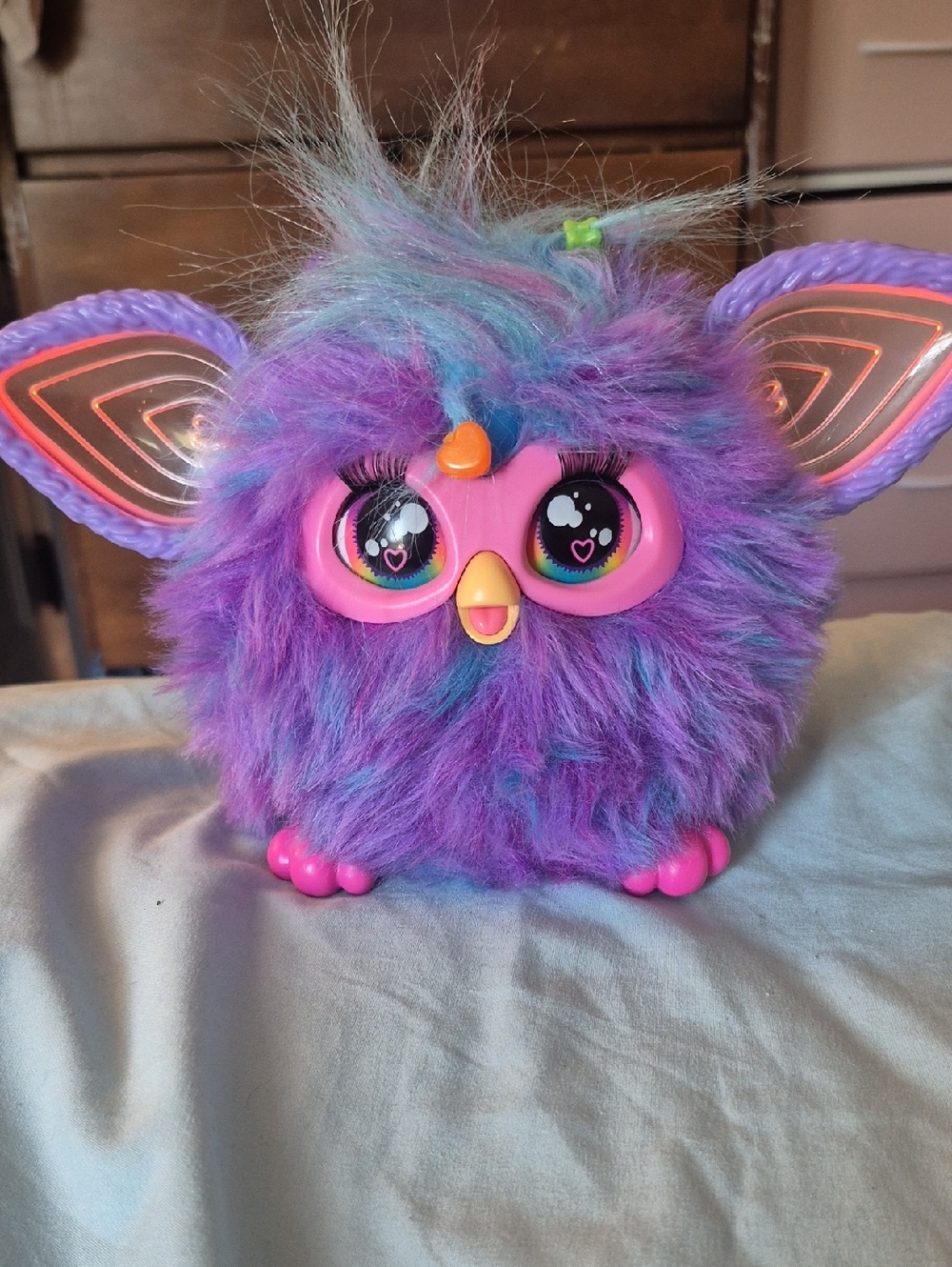 Purple & Blue Fluffy Interactive Toy - Cute Pink Face